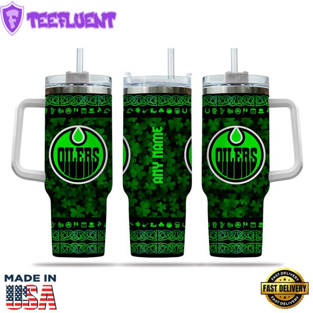 NHL Edmonton Oilers Happy St. Patrick's Day Custom Stanley Quencher 40oz Stainless Steel Tumbler With Handle
