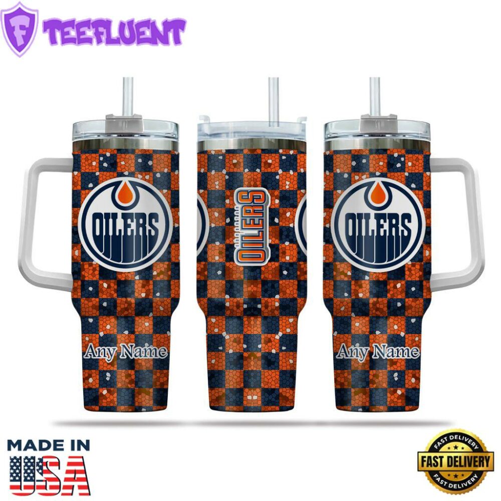 NHL Edmonton Oilers Stained Glass Effect Custom Stanley Quencher 40oz Stainless Steel Tumbler With Handle