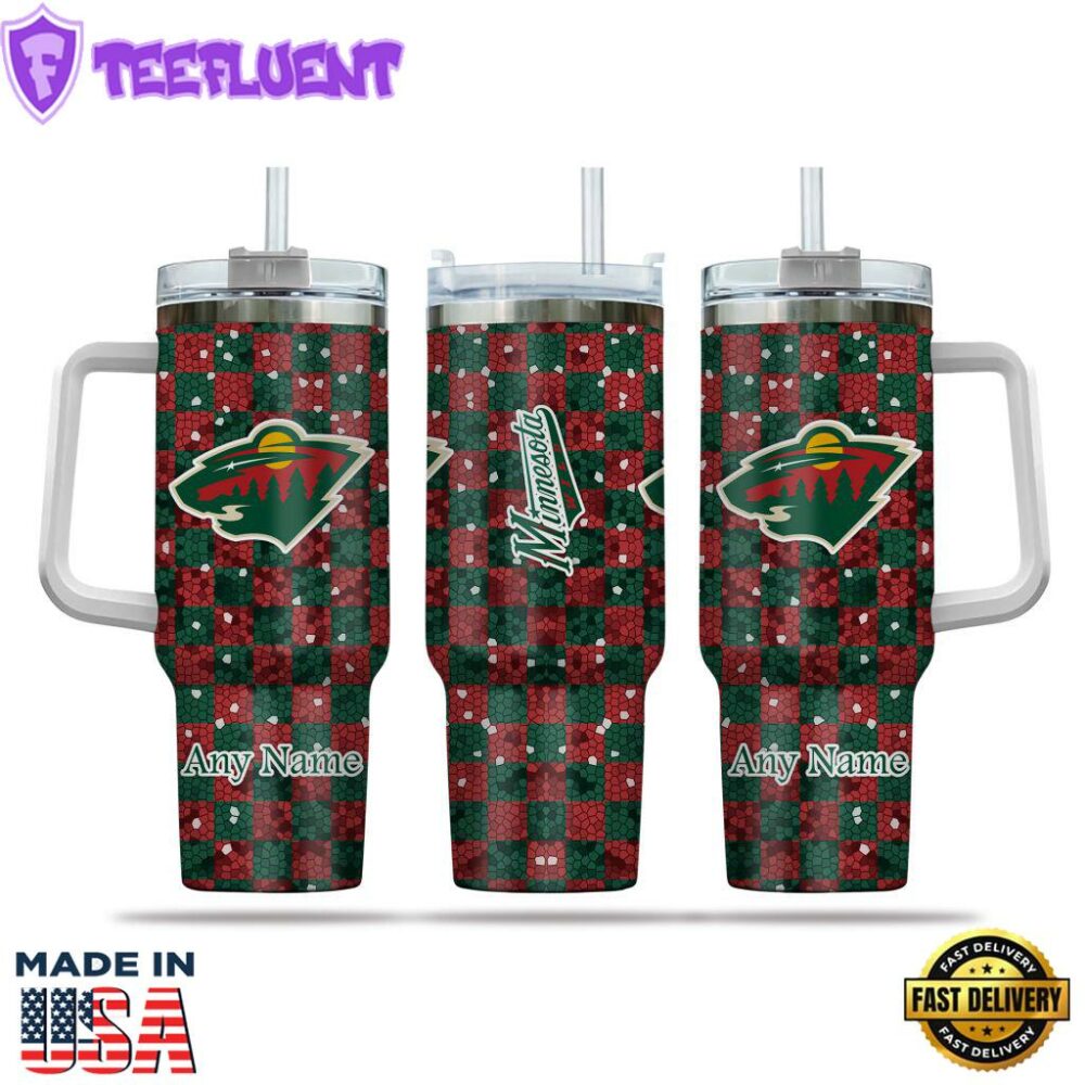 NHL Minnesota Wild Stained Glass Effect Custom Stanley Quencher 40oz Stainless Steel Tumbler With Handle