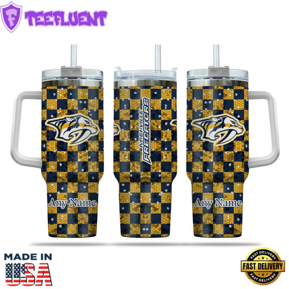 NHL Nashville Predators Stained Glass Effect Custom Stanley Quencher 40oz Stainless Steel Tumbler With Handle