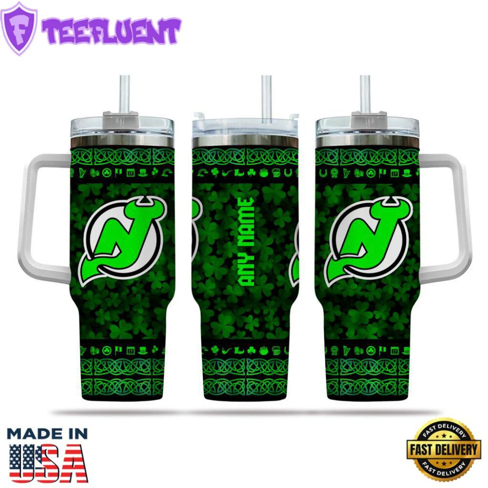 NHL New Jersey Devils Happy St. Patrick's Day Custom Stanley Quencher 40oz Stainless Steel Tumbler With Handle