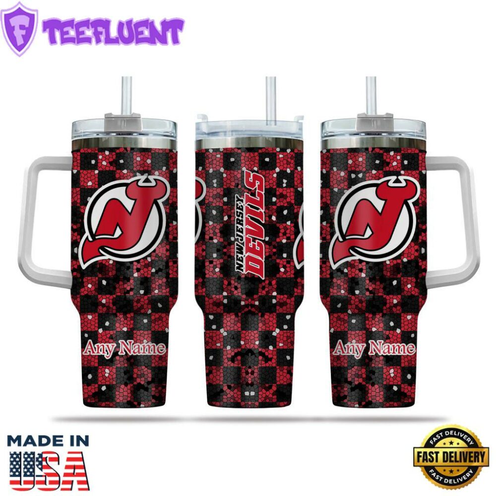 NHL New Jersey Devils Stained Glass Effect Custom Stanley Quencher 40oz Stainless Steel Tumbler With Handle
