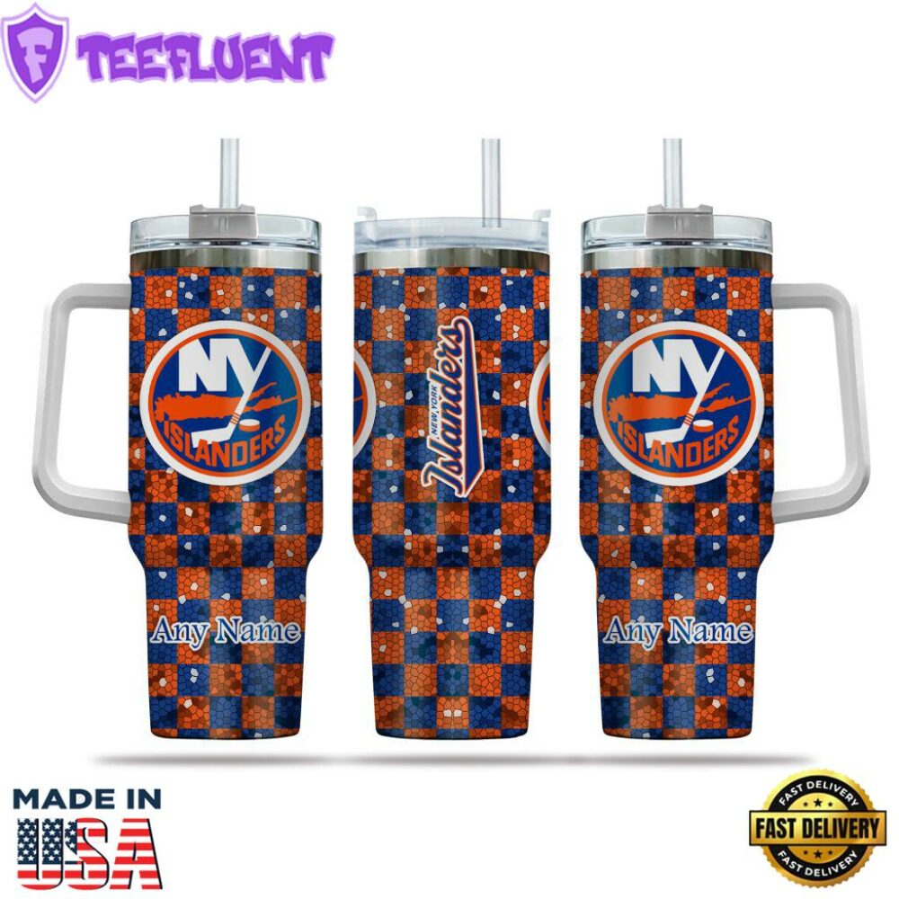 NHL New York Islanders Stained Glass Effect Custom Stanley Quencher 40oz Stainless Steel Tumbler With Handle
