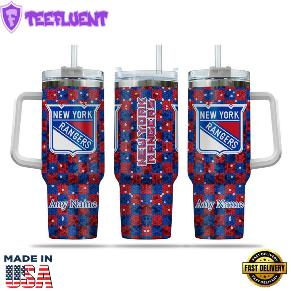 NHL New York Rangers Stained Glass Effect Custom Stanley Quencher 40oz Stainless Steel Tumbler With Handle