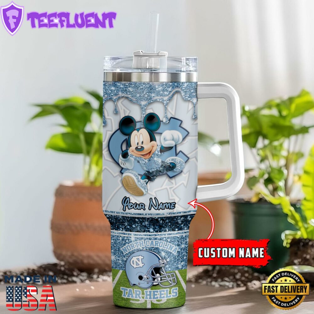 North Carolina Tar Heels NCAA Mickey Mouse Glitter Custom Stanley Quencher 40oz Stainless Steel Tumbler With Handle