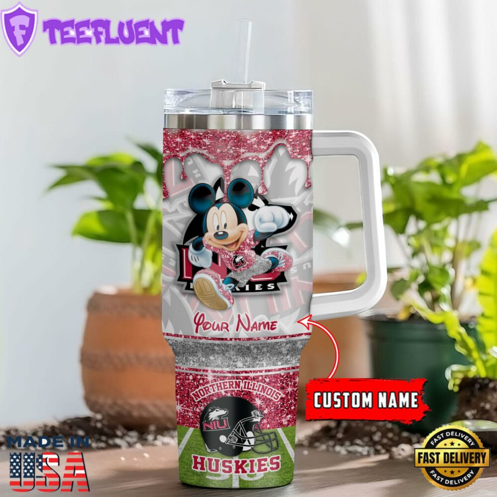 Northern Illinois Huskies NCAA Mickey Mouse Glitter Custom Stanley Quencher 40oz Stainless Steel Tumbler With Handle