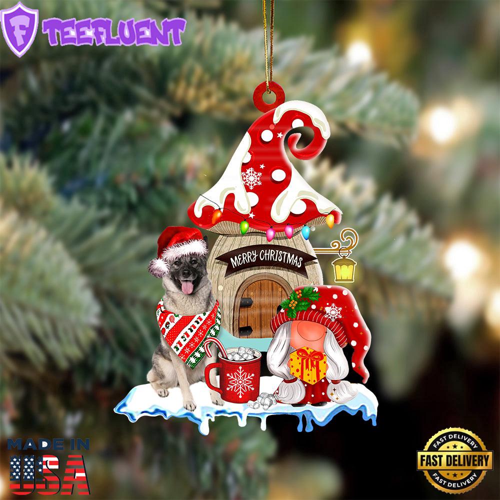 Norwegian-Elkhound With Mushroom House Christmas Ornament, Gift For Christmas