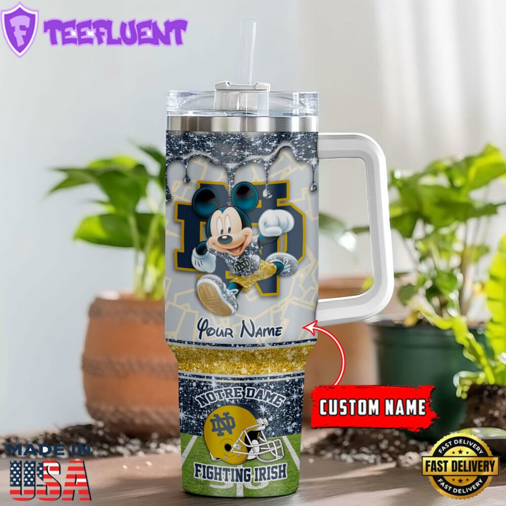Notre Dame Fighting Irish NCAA Mickey Mouse Glitter Custom Stanley Quencher 40oz Stainless Steel Tumbler With Handle