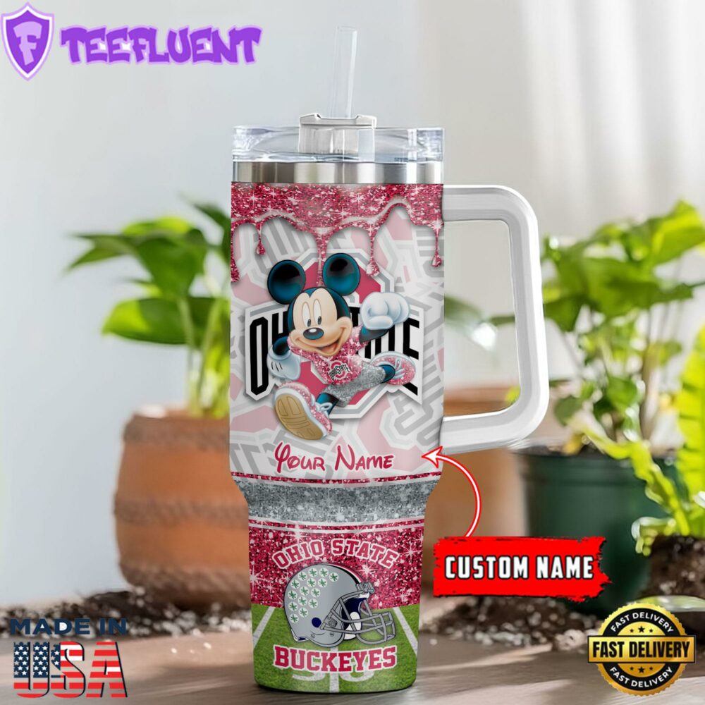 Ohio State Buckeyes NCAA Mickey Mouse Glitter Custom Stanley Quencher 40oz Stainless Steel Tumbler With Handle