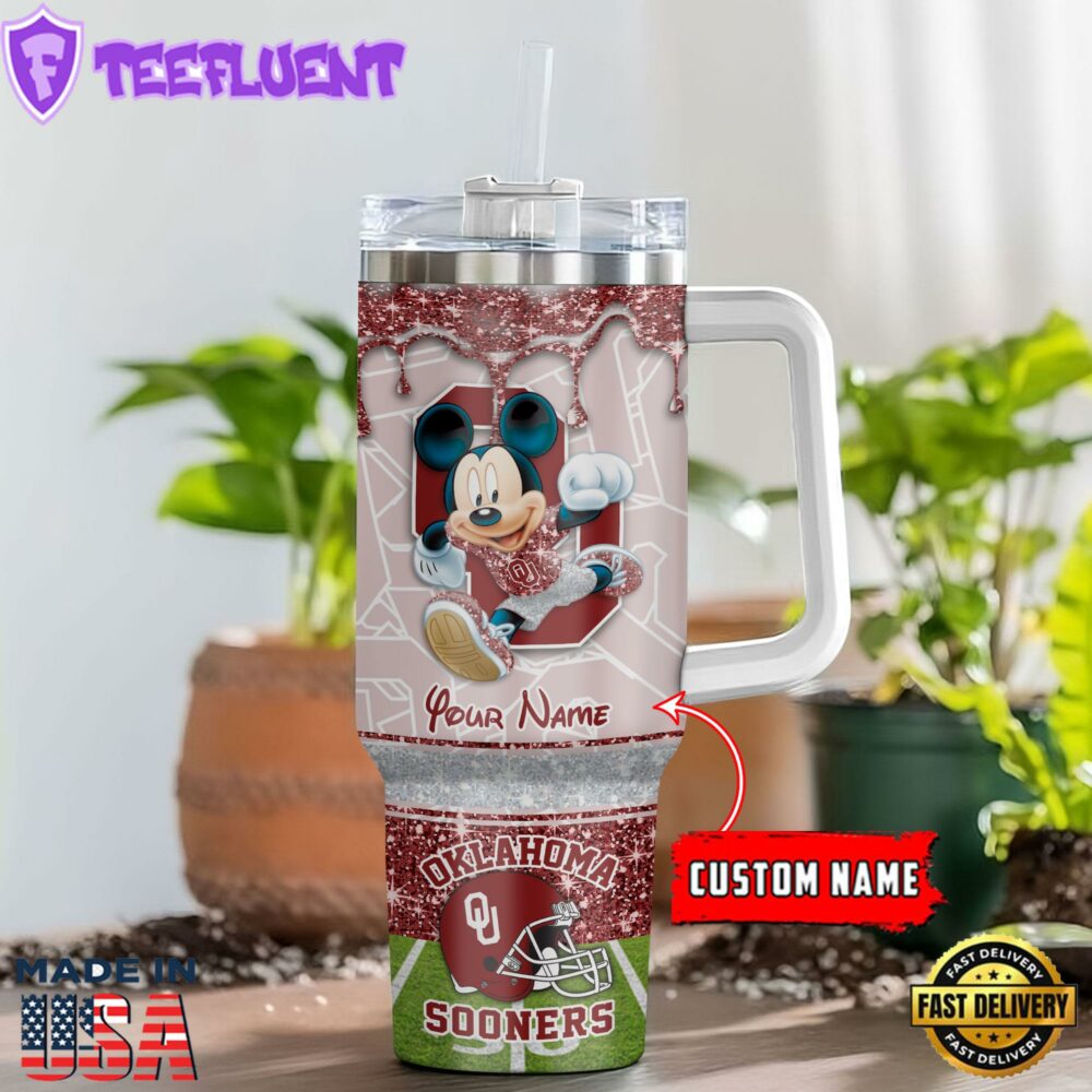 Oklahoma Sooners NCAA Mickey Mouse Glitter Custom Stanley Quencher 40oz Stainless Steel Tumbler With Handle