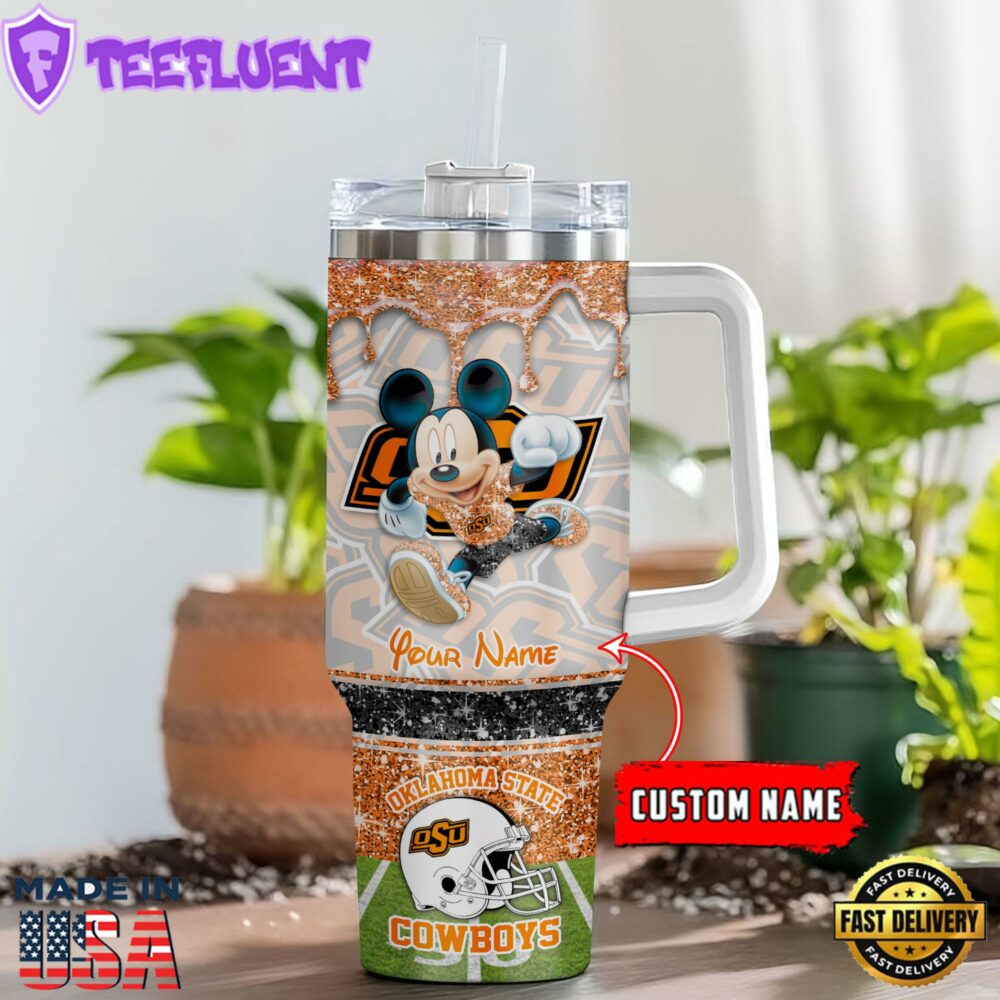 Oklahoma State Cowboys NCAA Mickey Mouse Glitter Custom Stanley Quencher 40oz Stainless Steel Tumbler With Handle