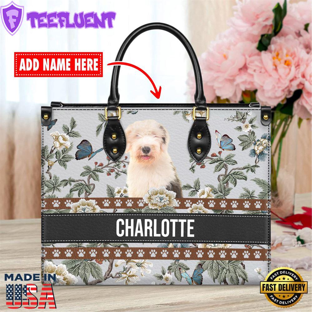 Old English Sheep Dog Bior Leather Handbag With Flowers And Butterfly