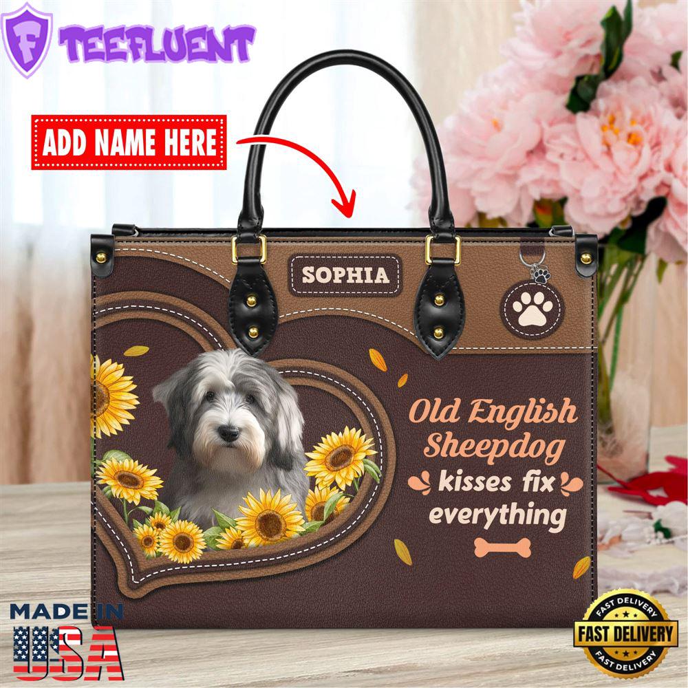 Old English Sheep Dog Kisses Fix Everything Leather Handbag