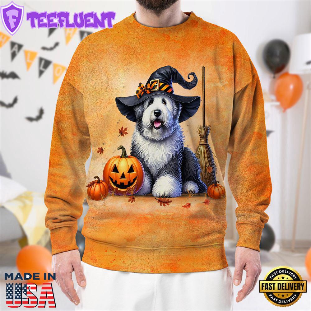 Old English Sheepdog In Spooky Autumn Halloween 3D Shirt