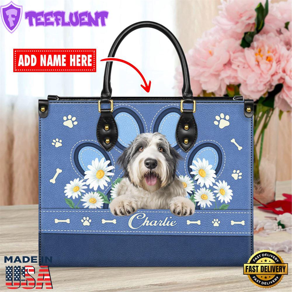 Old English Sheepdog Lover Leather Bag With Daisy Flowers