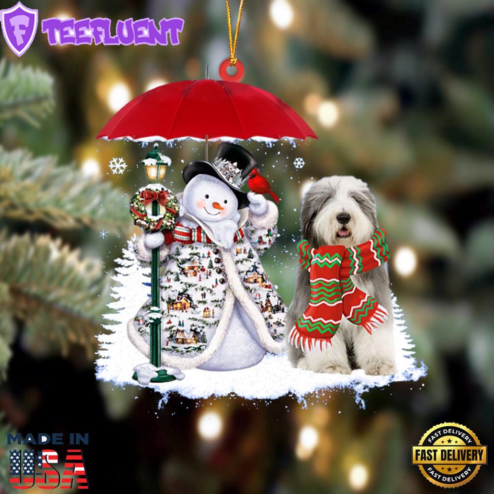 Old English Sheepdog With Snowman Christmas Ornament, Gift For Christmas