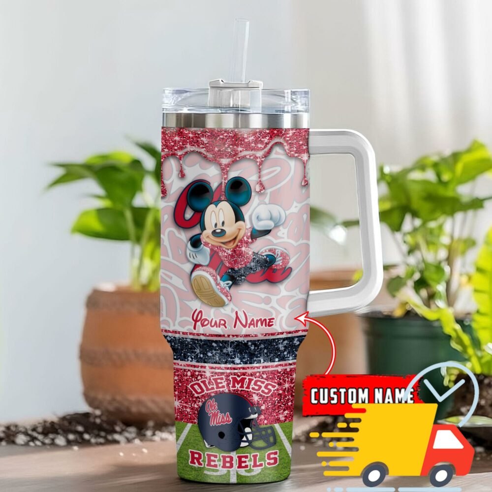 Ole Miss Rebels NCAA Mickey Mouse Glitter Custom Stanley Quencher 40oz Stainless Steel Tumbler With Handle