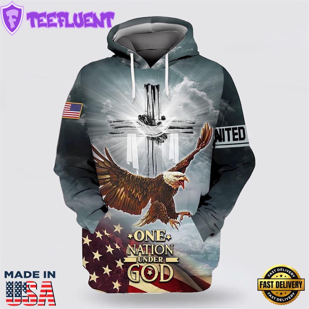 One Nation Under God American Flag With Jesus Cross 3D Hoodies For Women Men