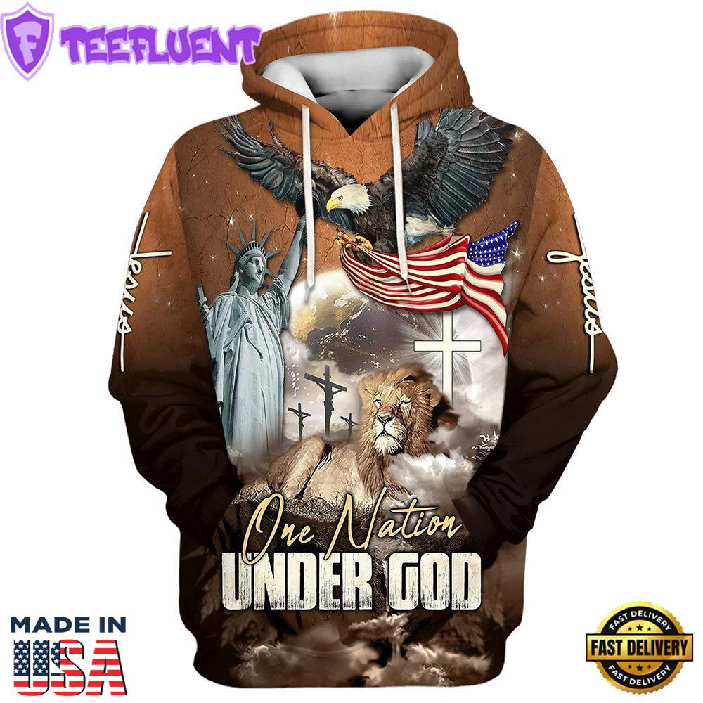 One Nation Under God Bald Eagle American Flag And Lion Hoodies