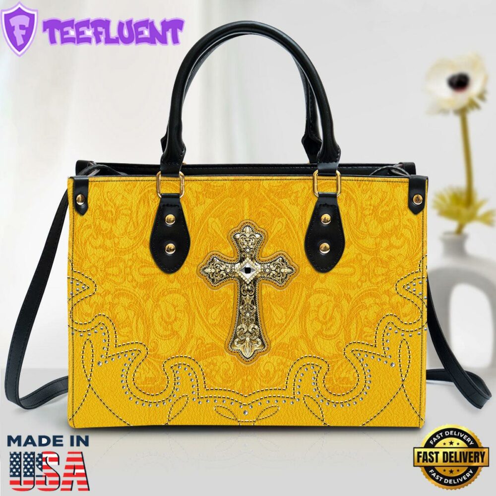 Outstanding Yellow Cross Christian Leather Handbag Christ Gifts Leather Bags