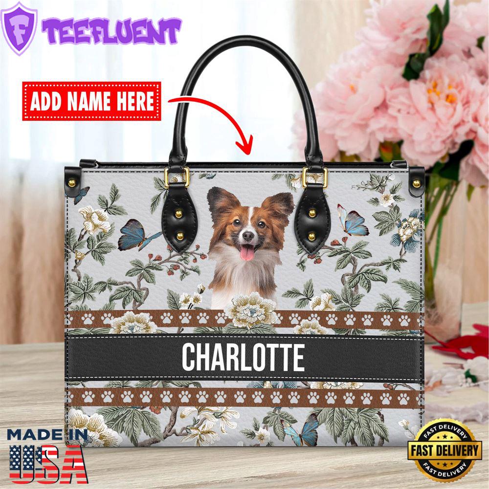 Papillon Dog Bior Leather Handbag With Flowers And Butterfly