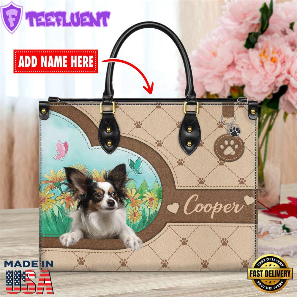 Papillon Dog Duccy Dog Lover Leather Handbag