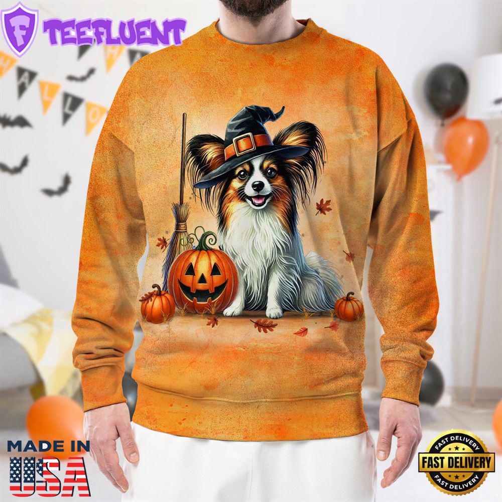 Papillon Dog In Spooky Autumn Halloween 3D Shirt