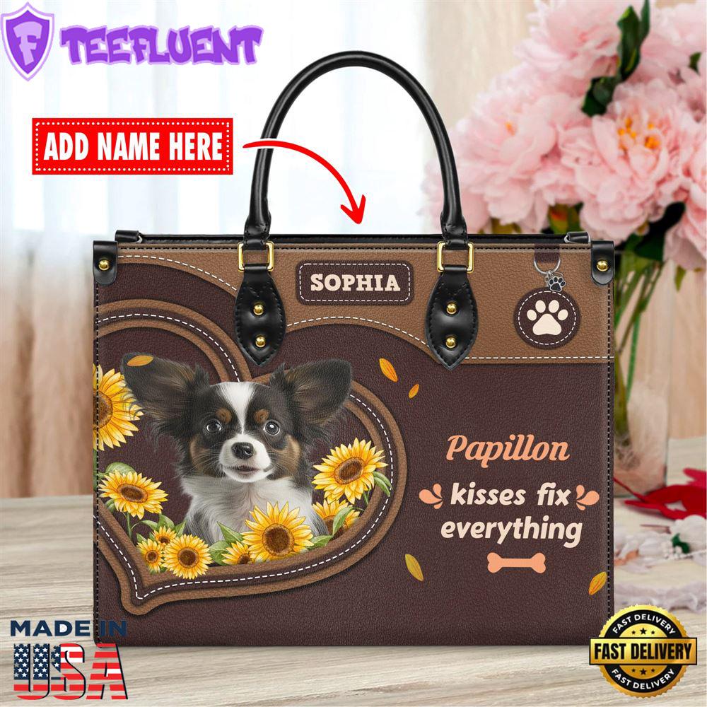 Papillon Dog Kisses Fix Everything Leather Handbag