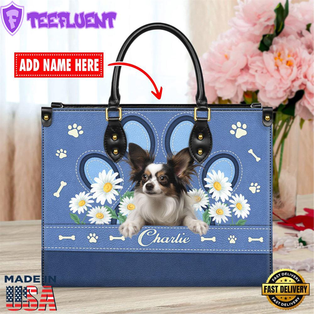 Papillon Dog Lover Leather Bag With Daisy Flowers