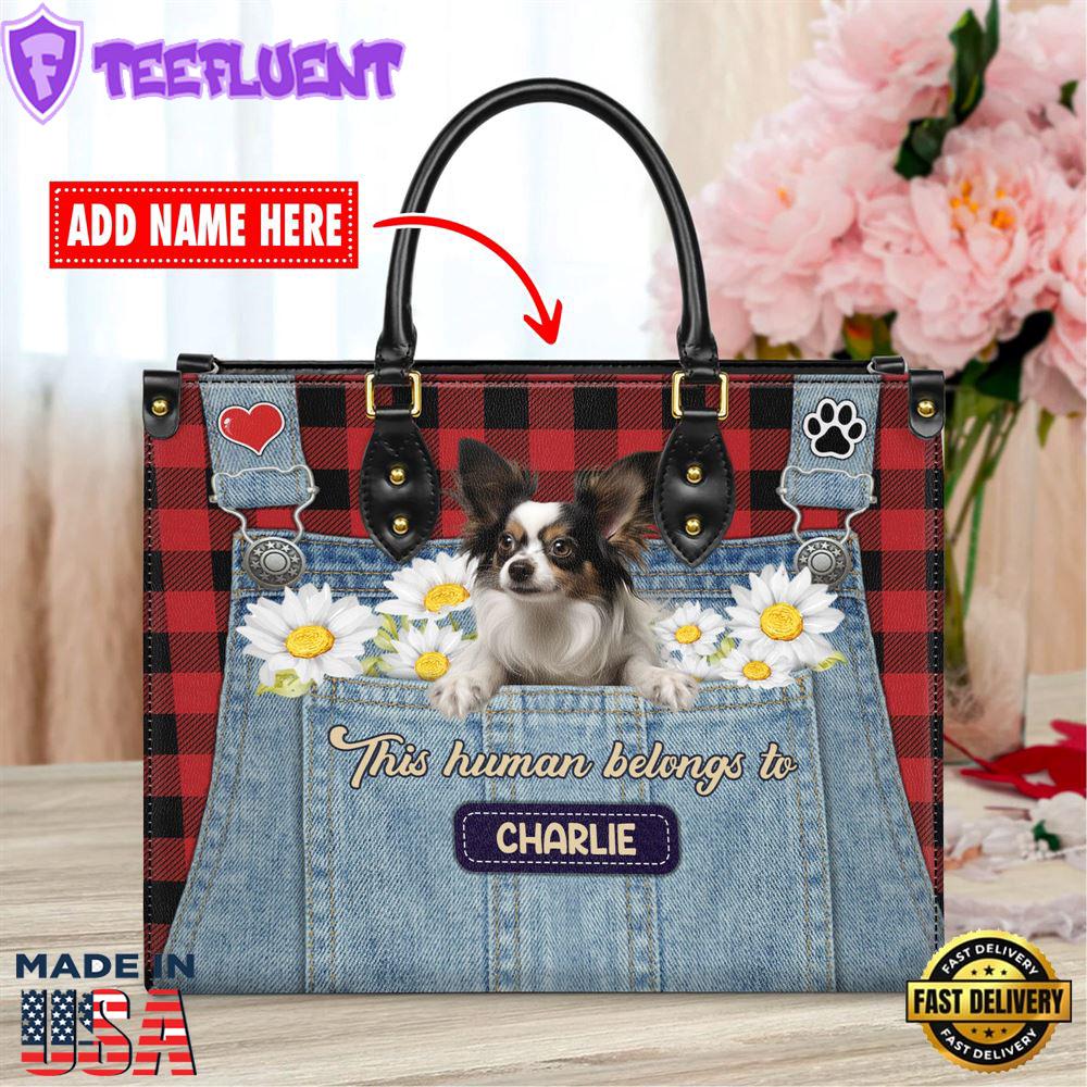Papillon Dog This Human Belongs To Leather Handbag