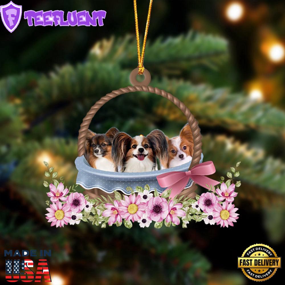 Papillon Dogs In The Basket Ornament, Gift For Christmas