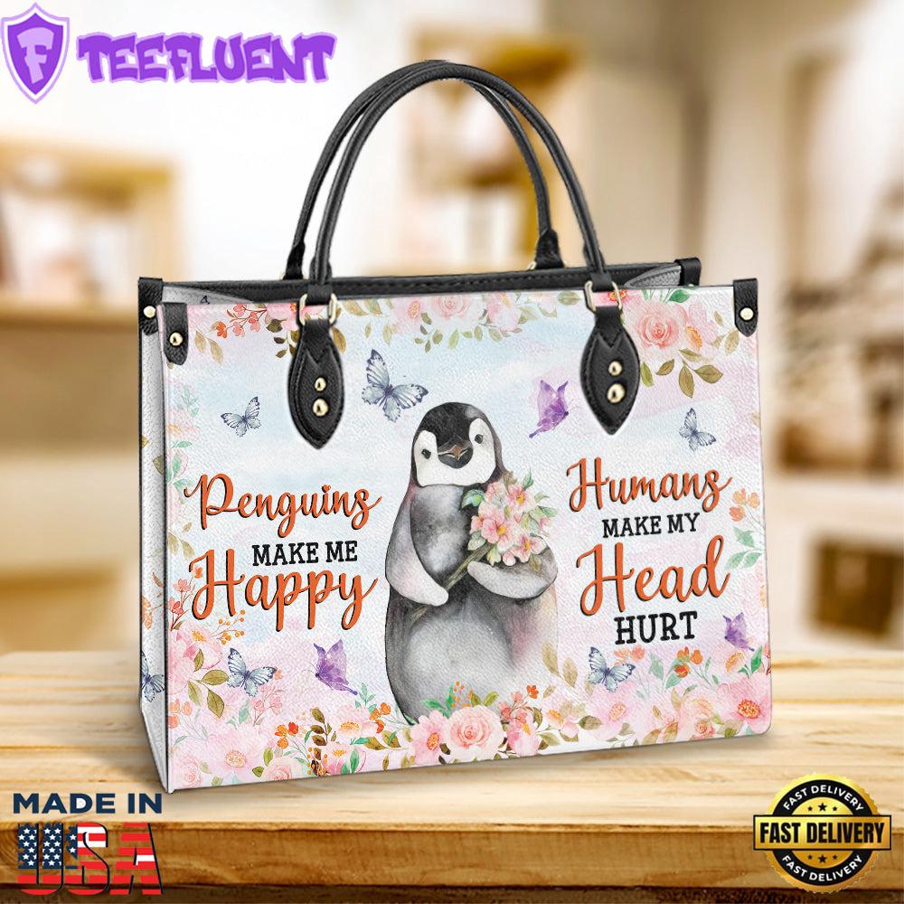 Penguin Pink Flowers Penguins Make Me Happy Leather Bag Christ Gifts Leather Bags