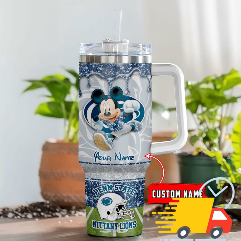 Penn State Nittany Lions NCAA Mickey Mouse Glitter Custom Stanley Quencher 40oz Stainless Steel Tumbler With Handle