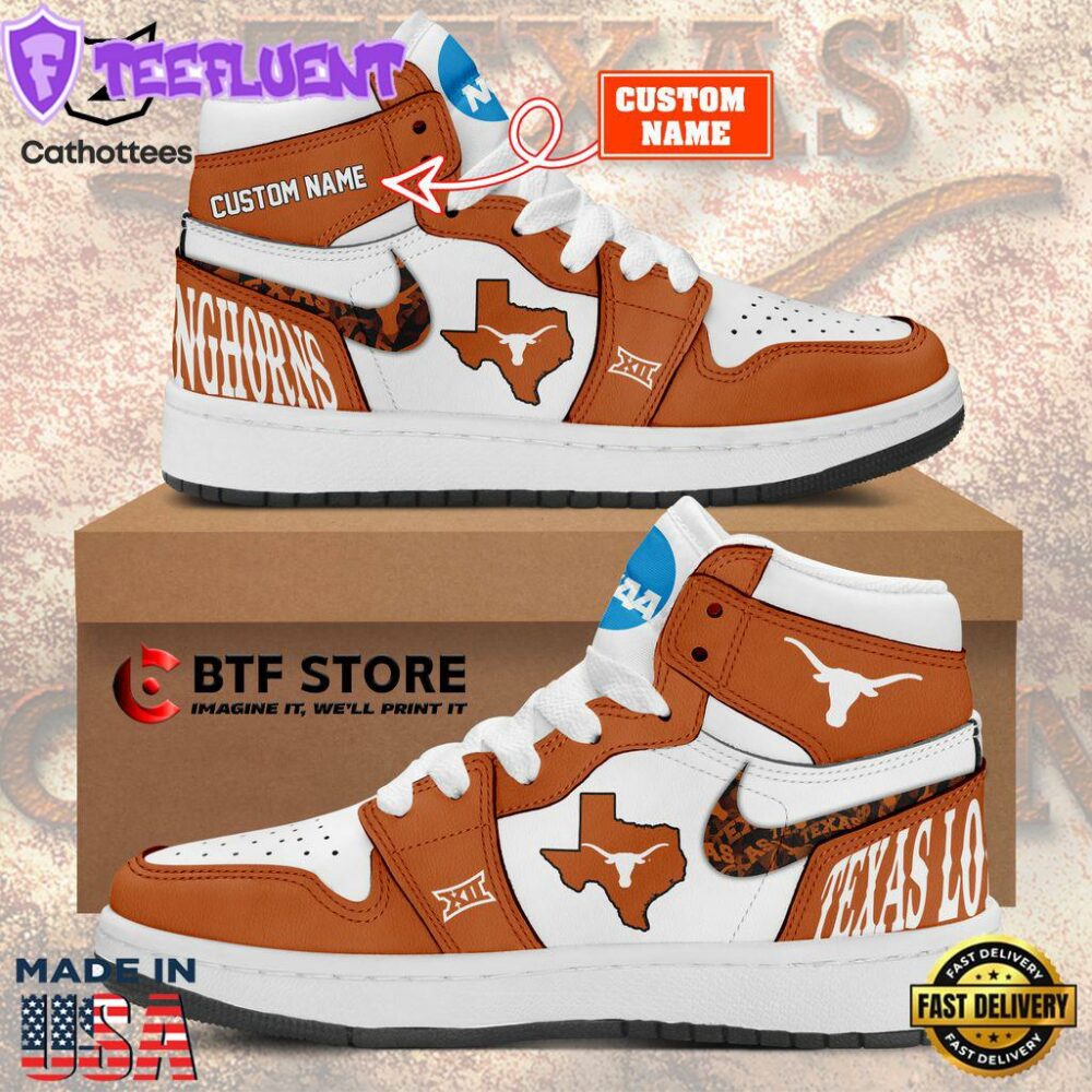 Personalized Big 12 Football Champions Texas Longhorns Nike Logo Orange White Design Air Jordan 1 High Top