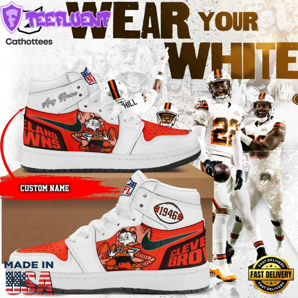 Personalized Cleveland Browns 1946 Nike Logo Orange White Design Air Jordan 1 High Top