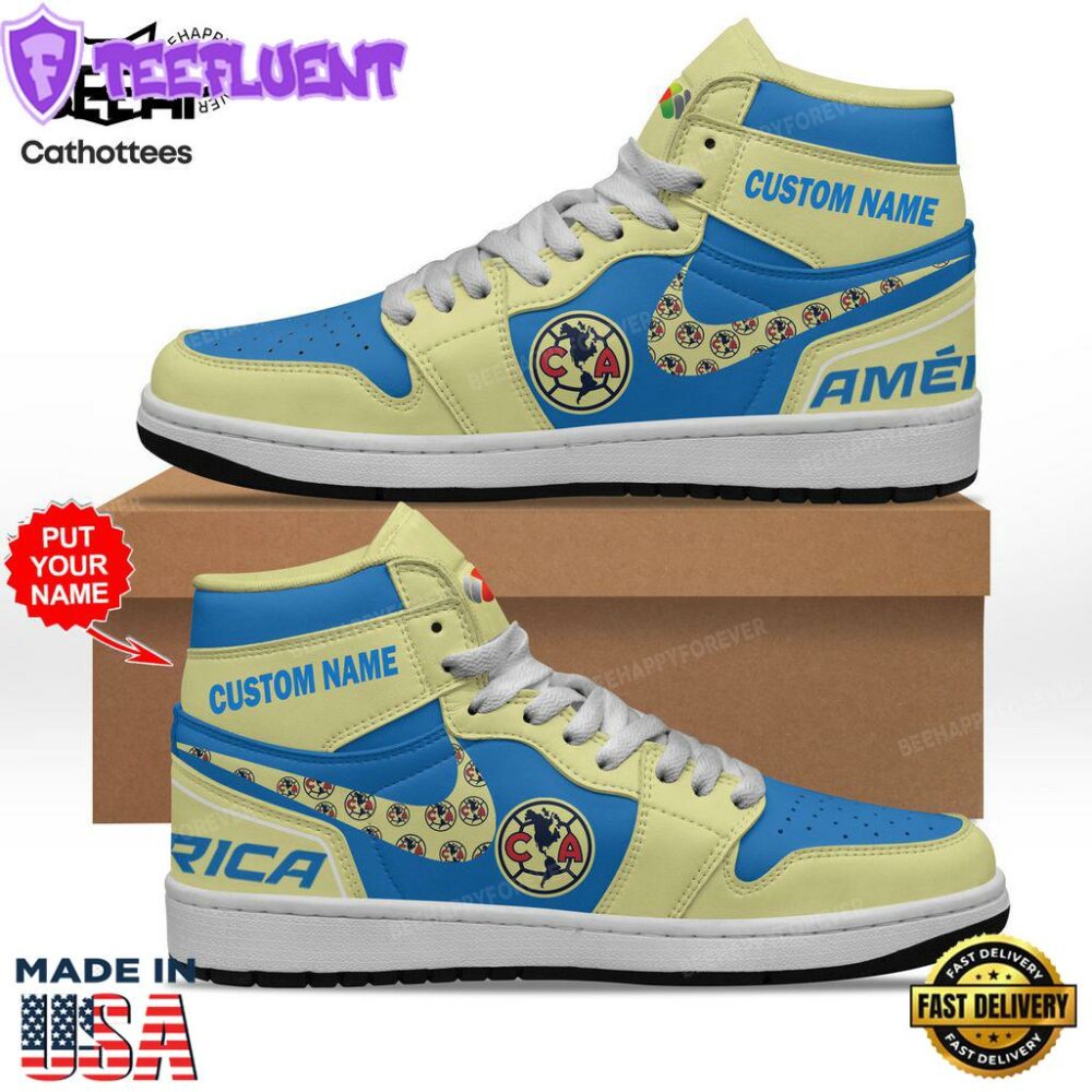 Personalized Club America Nike Logo Yellow Blue Design Air Jordan 1 High Top