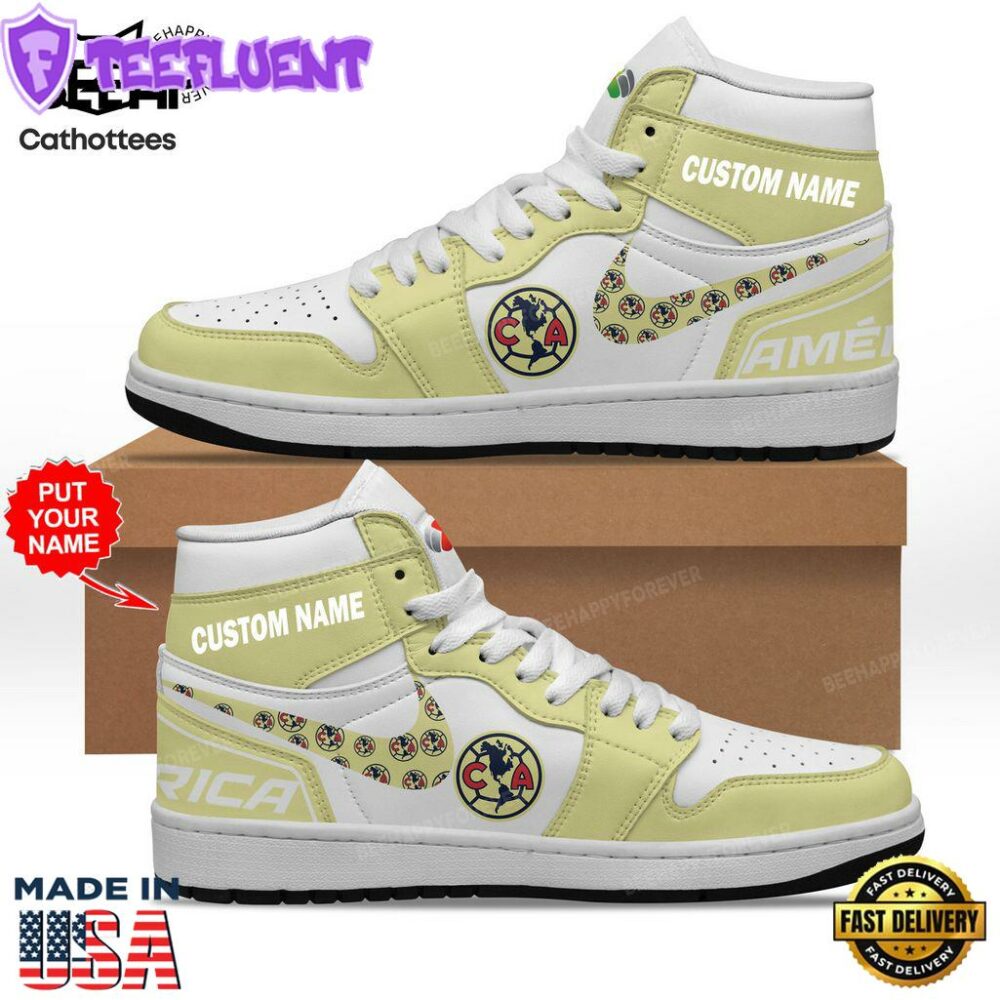Personalized Club America White Pale Yellow Nike Logo Design Air Jordan 1 High Top