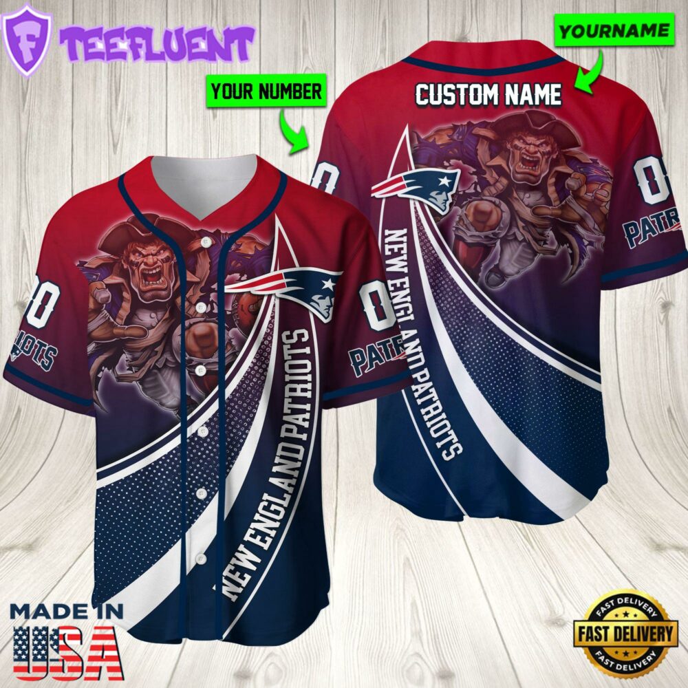 Personalized New England Patriots 3D Baseball Jersey Nfl Baseball Jersey Mascot Shirt For Fans