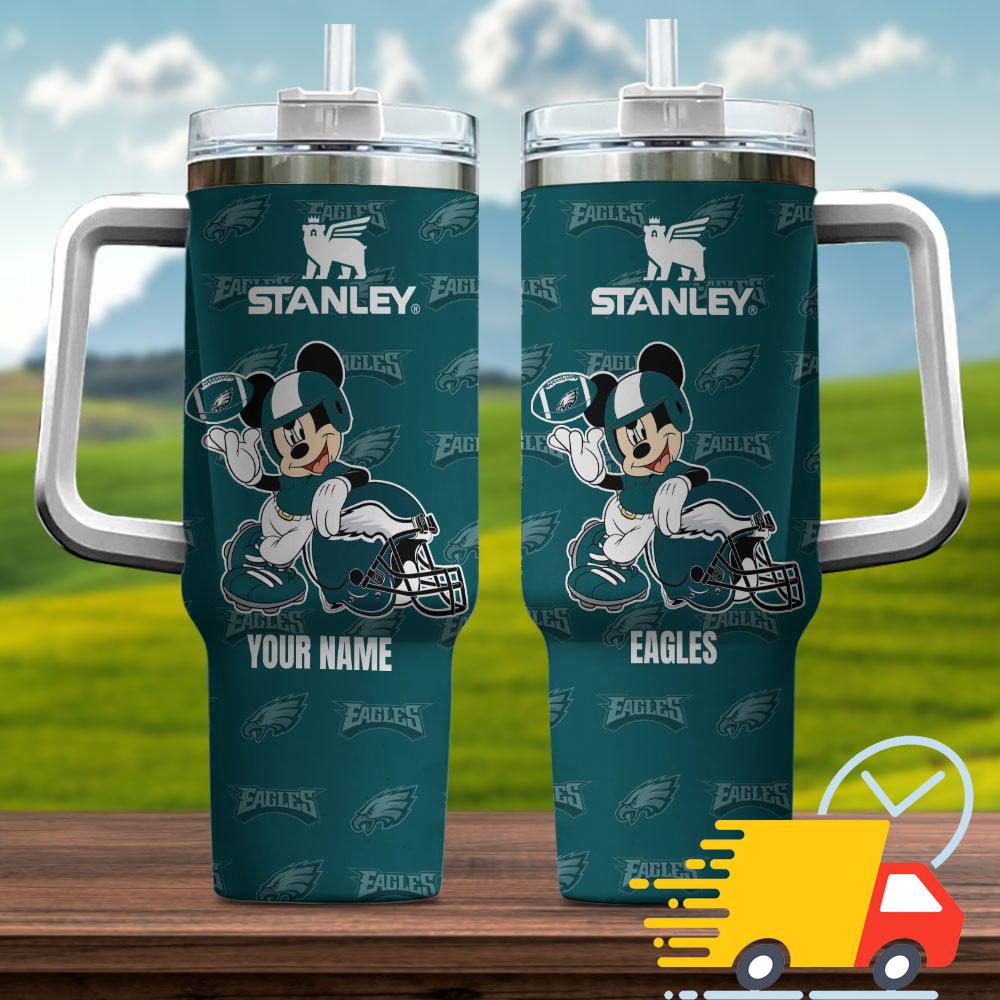 Philadelphia Eagles NFL Mickey Mouse Custom Stanley Quencher 40oz Stainless Steel Tumbler With Handle