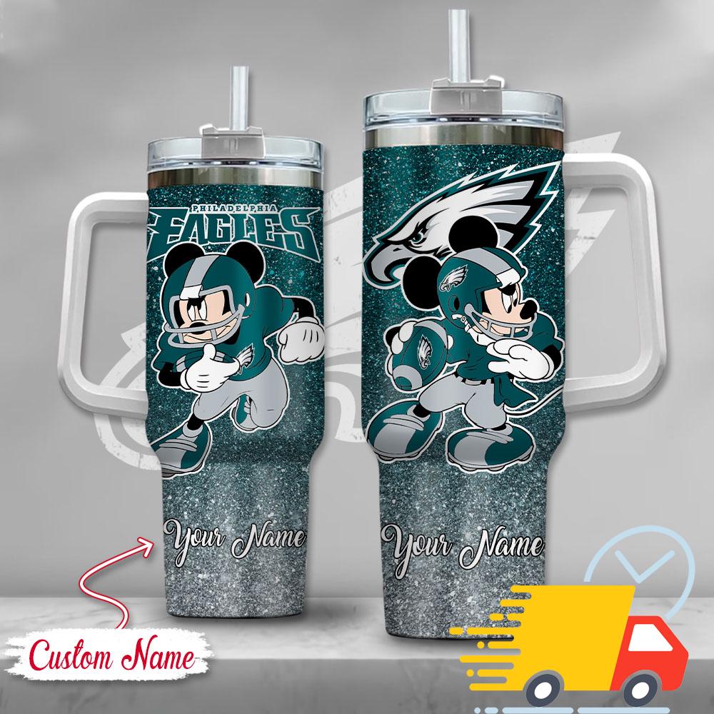 Philadelphia Eagles NFL Mickey Mouse Glitter Custom Stanley Quencher 40oz Stainless Steel Tumbler With Handle