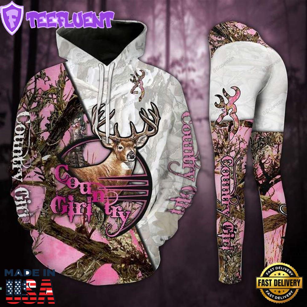 Pinky Country Girl Deer Hunting All Over Print Leggings Hoodie Set Outfit For Women Gift Xmas