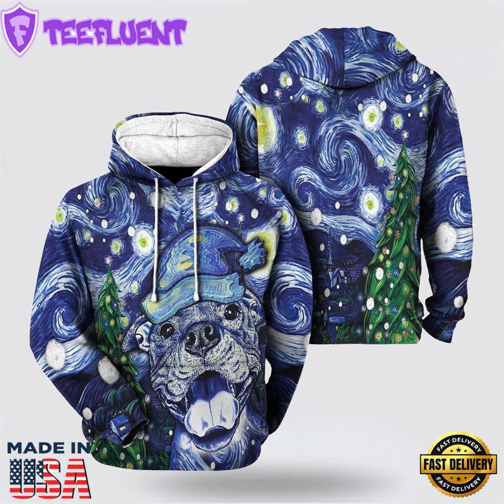 Pitbull Starry Christmas Night All Over Print 3D Hoodie