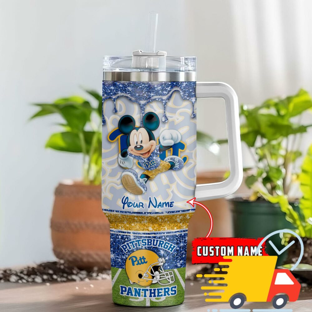 Pittsburgh Panthers NCAA Mickey Mouse Glitter Custom Stanley Quencher 40oz Stainless Steel Tumbler With Handle