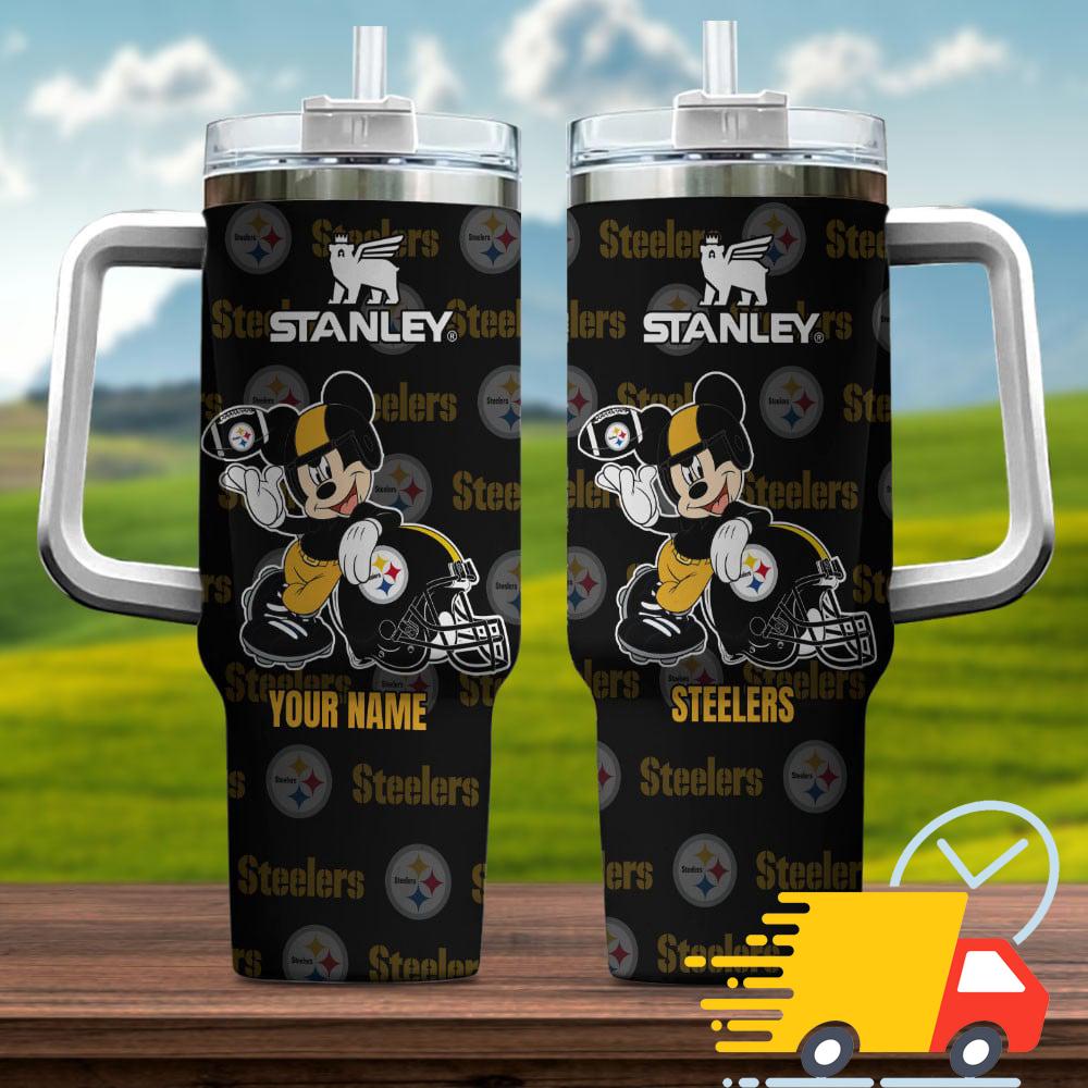 Pittsburgh Steelers NFL Mickey Mouse Custom Stanley Quencher 40oz Stainless Steel Tumbler With Handle