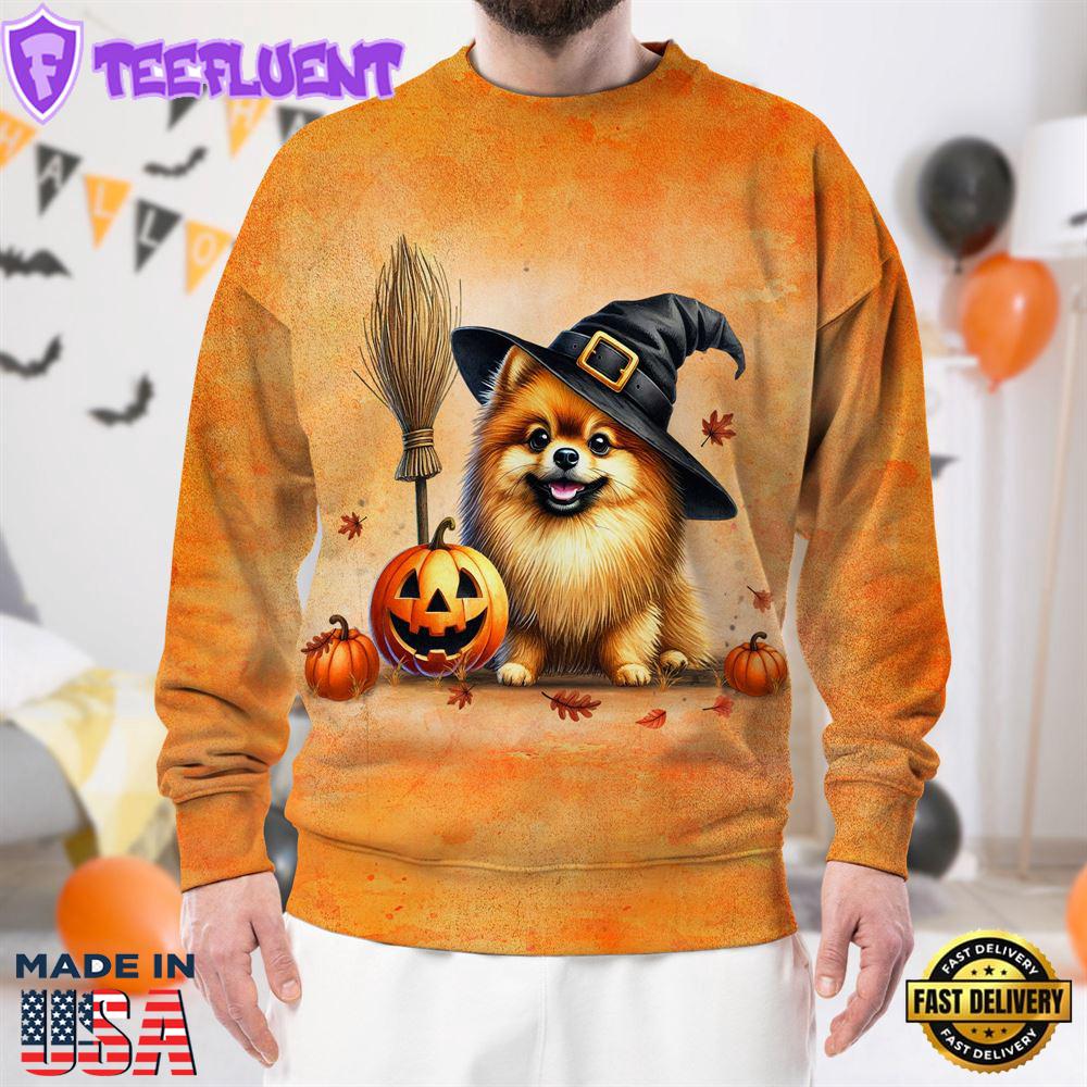 Pomeranian Dog In Spooky Autumn Halloween 3D Shirt