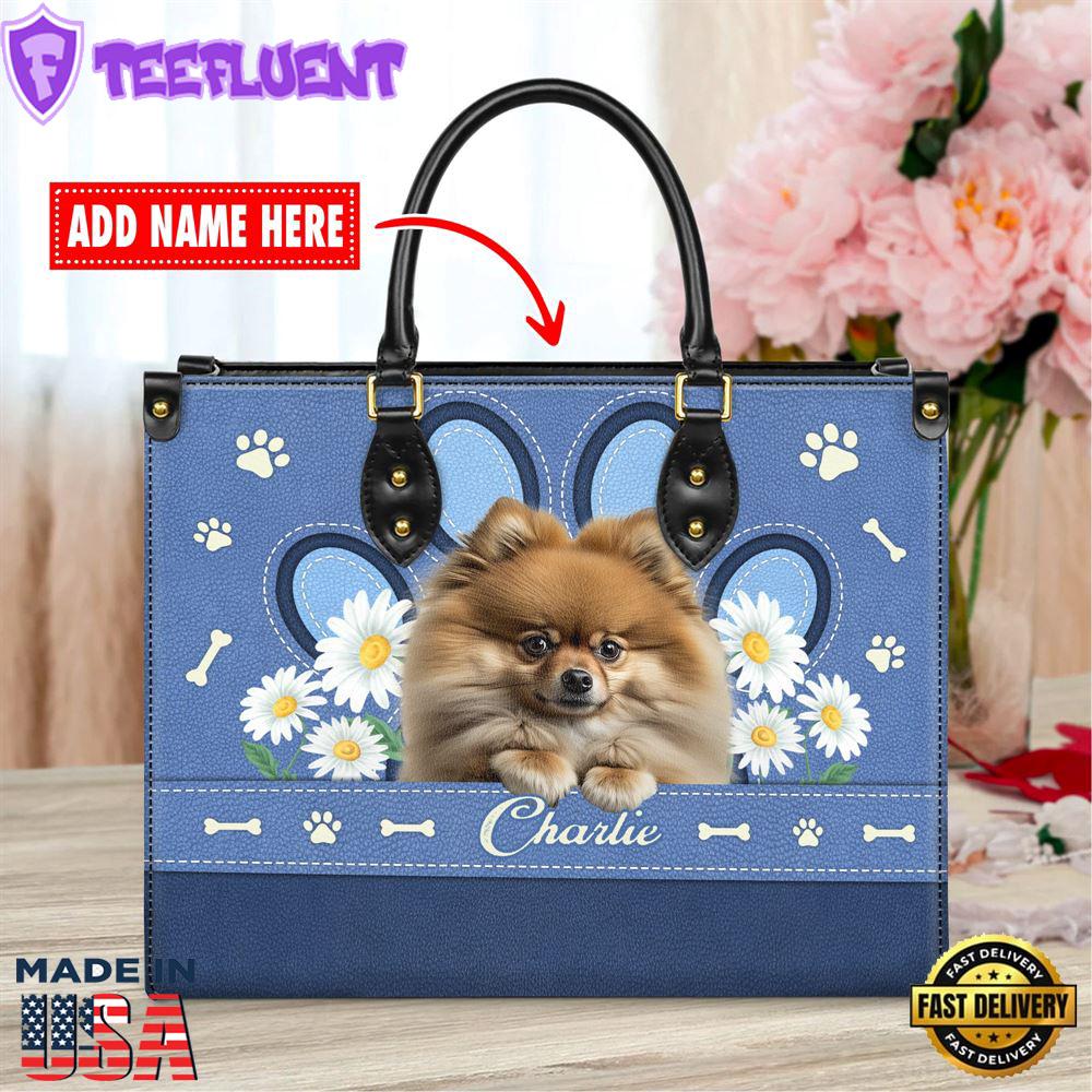 Pomeranian Dog Lover Leather Bag With Daisy Flowers