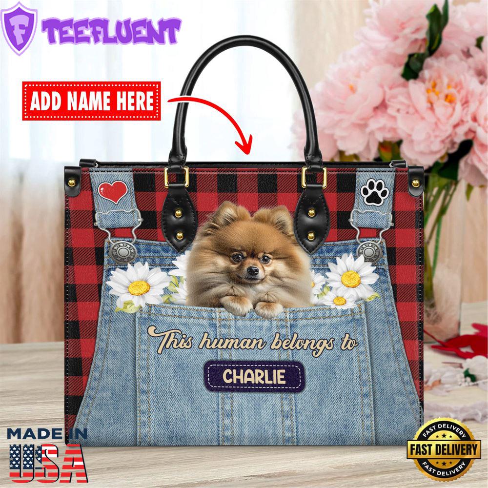 Pomeranian Dog This Human Belongs To Leather Handbag