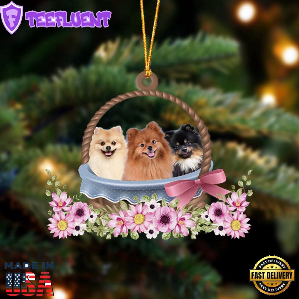 Pomeranian Dogs In The Basket Ornament, Gift For Christmas