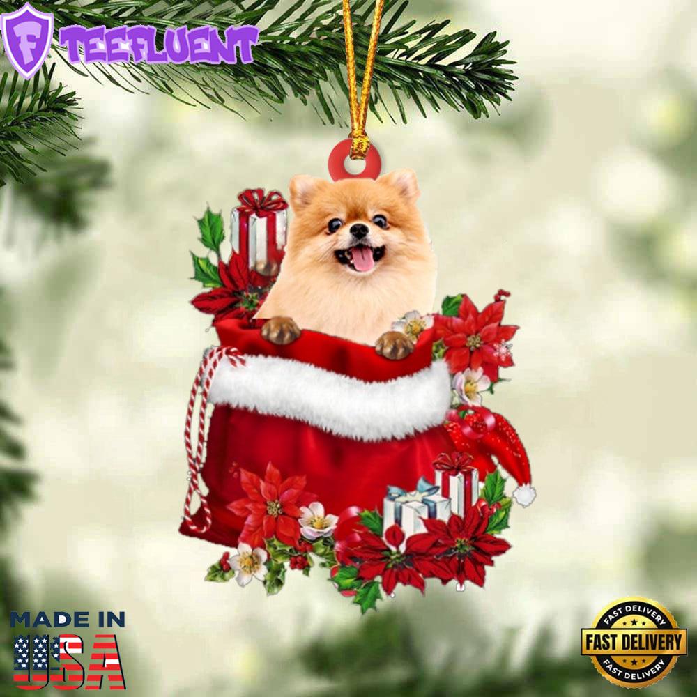 Pomeranian In Gift Bag Christmas Ornament, Gift For Christmas
