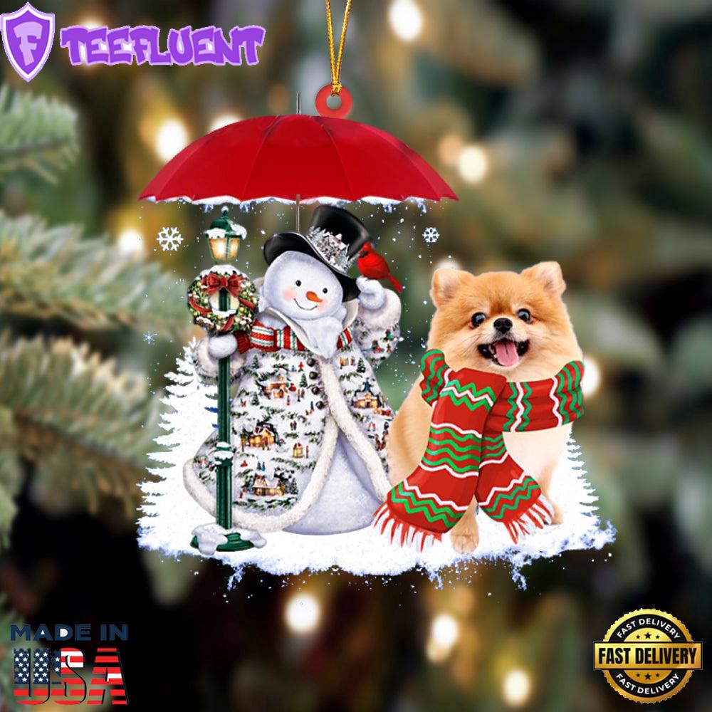 Pomeranian With Snowman Christmas Ornament, Gift For Christmas